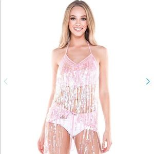 iHeartRaves Festival Sequin Fringe Pink Crop Top